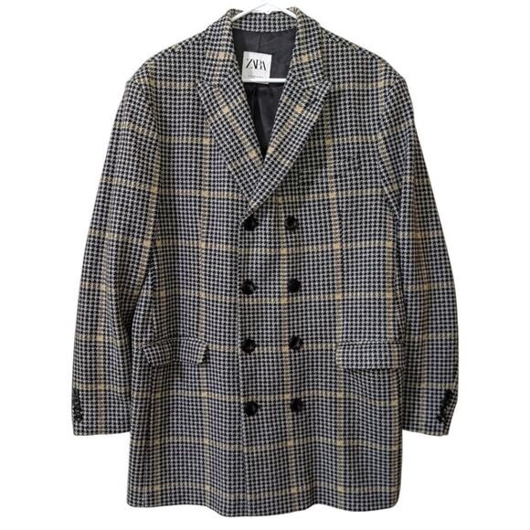 ZARA MEN'S XL (Fits M/L) Black/Gray Plaid Houndstooth Double-Breasted Long Coat